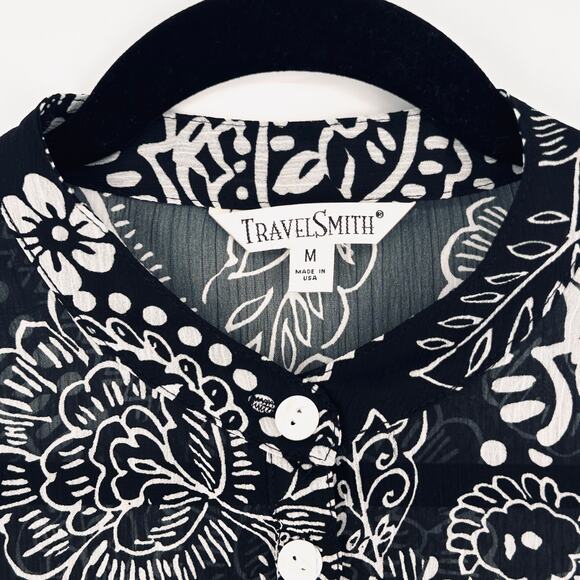 TravelSmith Boho Floral Black White Button Front Sheer Blouse Medium - Picture 2 of 5